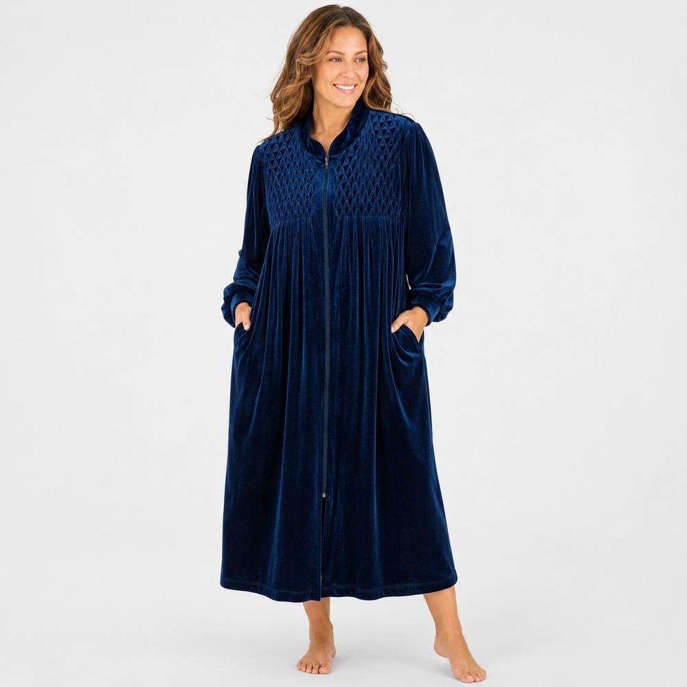 La Cera Velour Long Bathrobe Womens XL Blue Smocked Zipper Pockets Lounge Kaftan